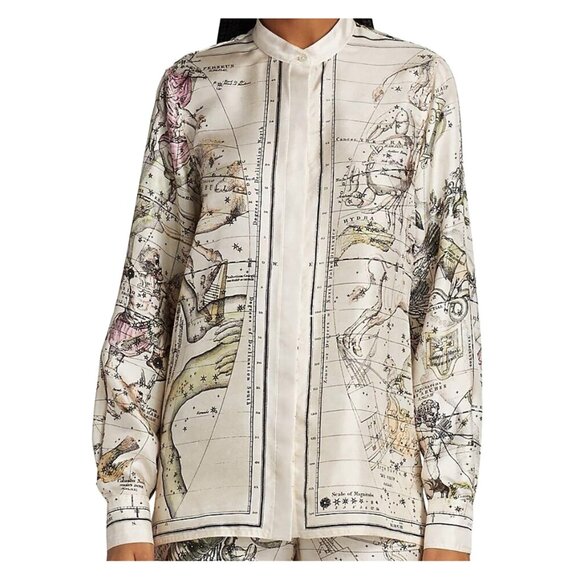 Rosetta Getty Astrology Zodiac Signs Map Print Silk Shirt Blouse Beige 2022 6 - Picture 1 of 16